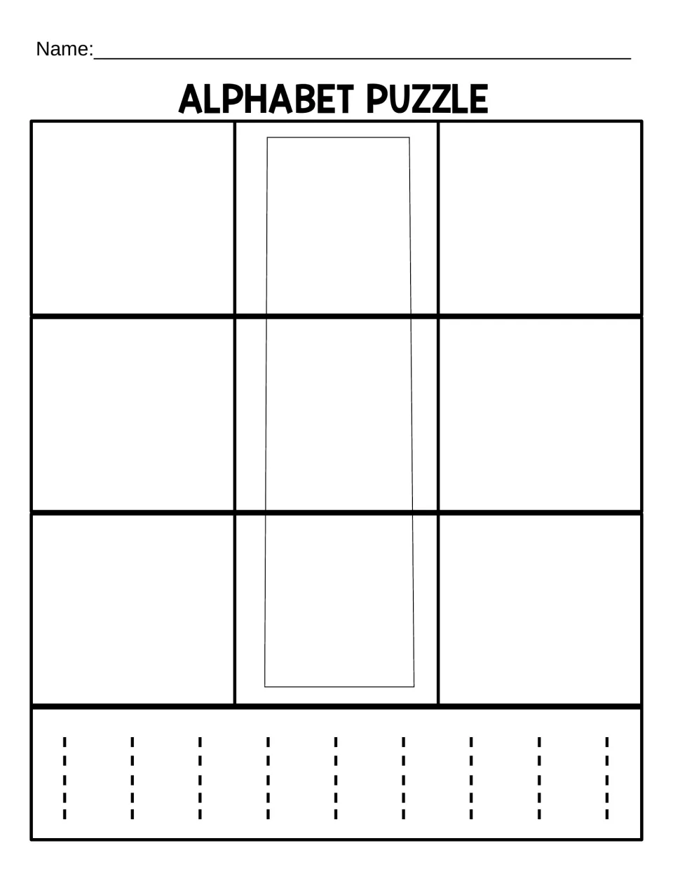 Lowercase l puzzle mat for the 9-piece version, with a large letter guide and nine dotted ls to trace