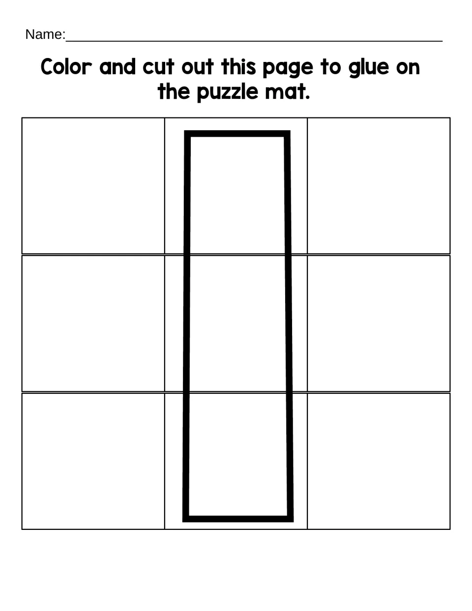 Lowercase l cutting sheet with nine puzzle pieces to color, cut out, and glue onto the matching letter mat