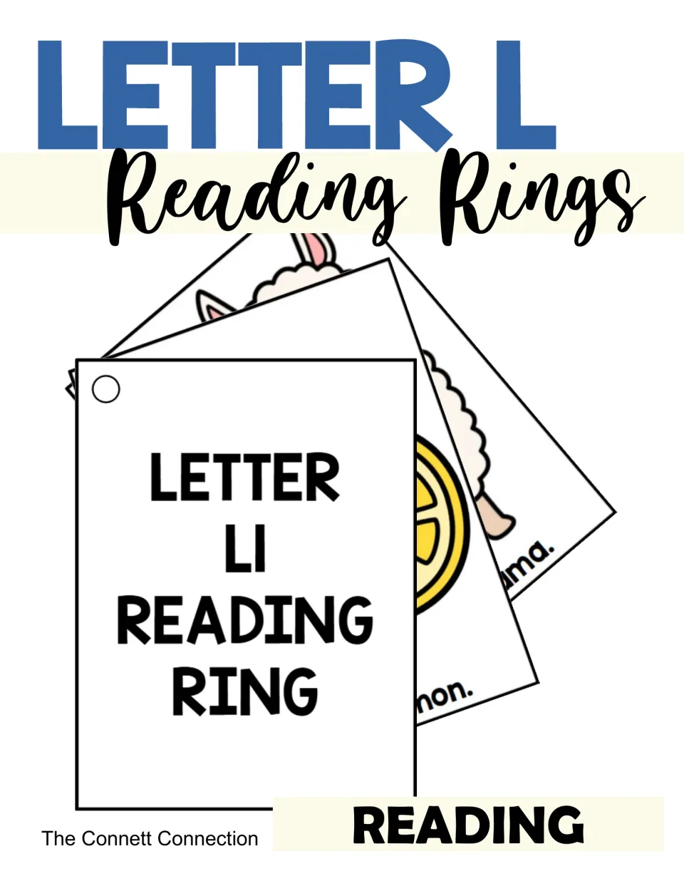 Cover of Letter L Reading Rings: a fanned stack of hole-punched picture cards, with lemon and llama cards showing behind