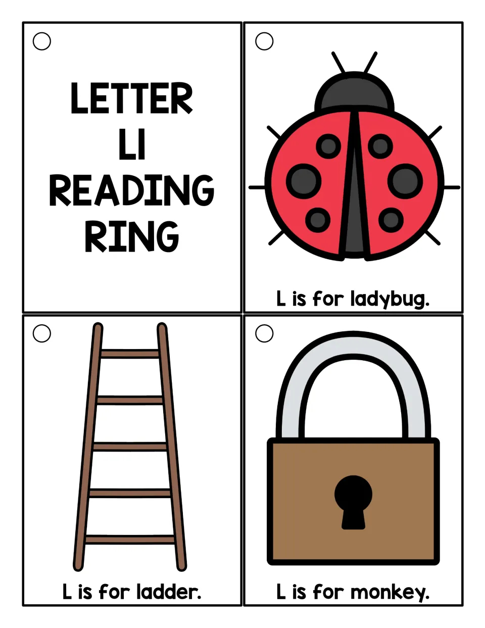 Letter L color cards: title card plus ladybug and ladder; the padlock card is printed with the label 'L is for monkey.'