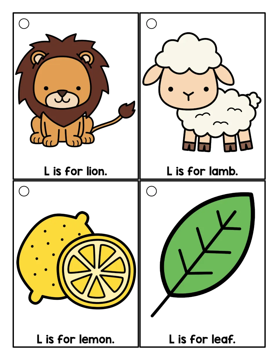 Initial L picture cards in color: lion, lamb, lemon and leaf, each with an 'L is for...' sentence to read aloud