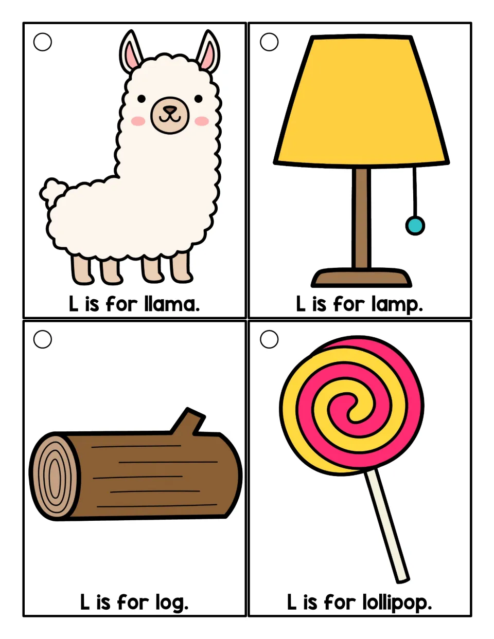 More color L cards: llama, lamp, log and lollipop, with 'L is for...' sentences children read to practice the L sound