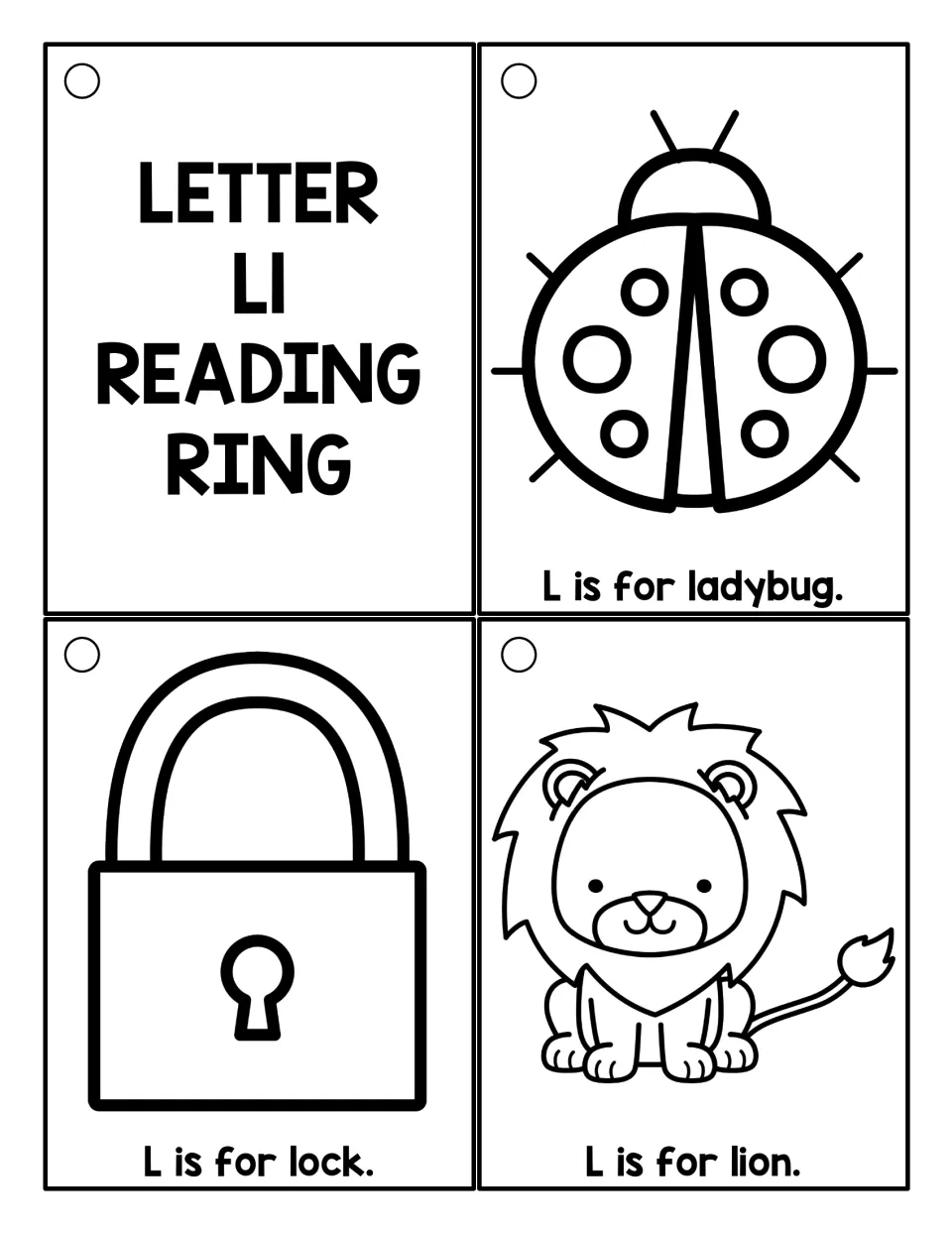 Letter L black-and-white cards: title card plus ladybug, lock and lion line drawings with 'L is for...' sentences to read