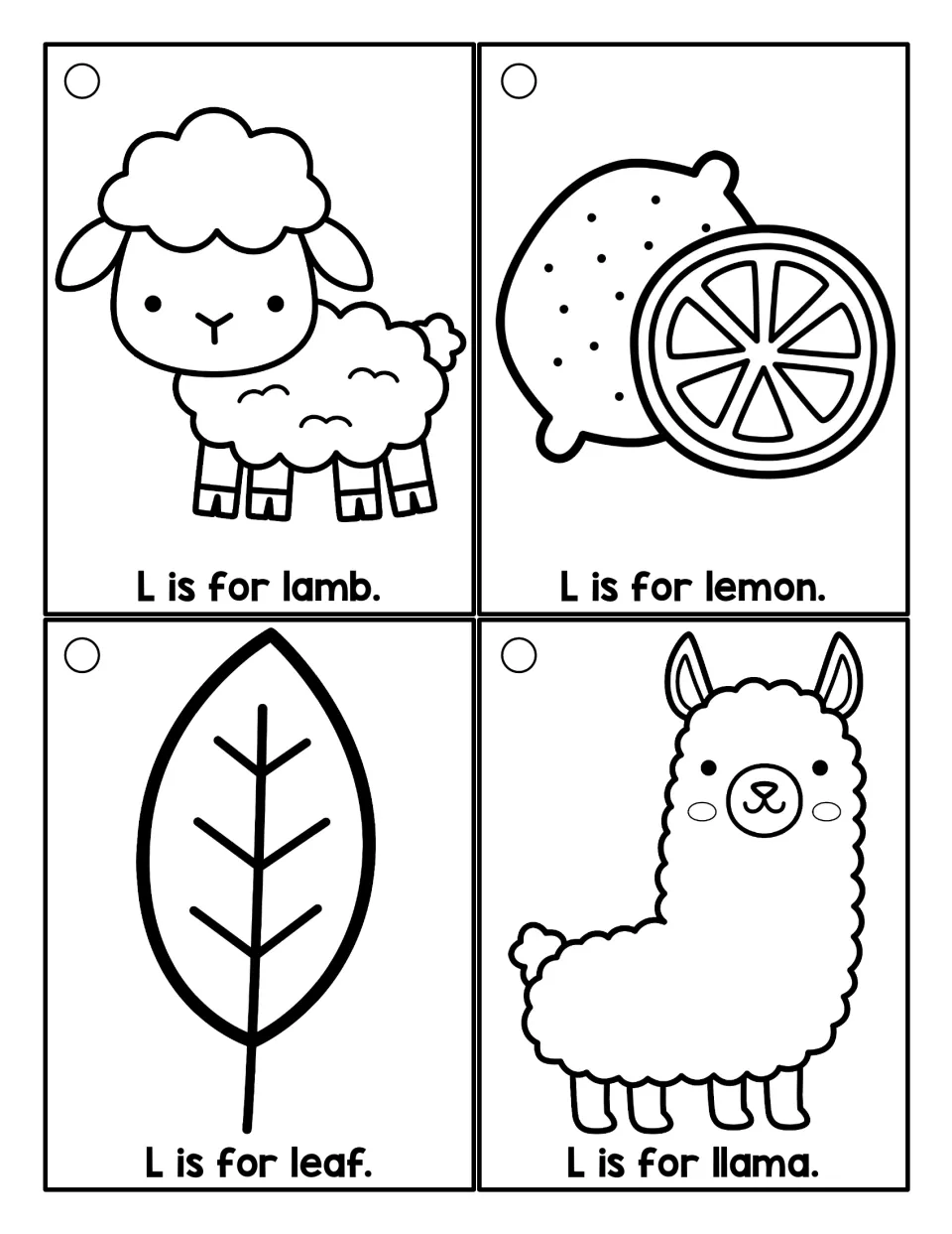 Outline L cards to color: lamb, lemon, leaf and llama, each with a short 'L is for...' sentence for reading practice
