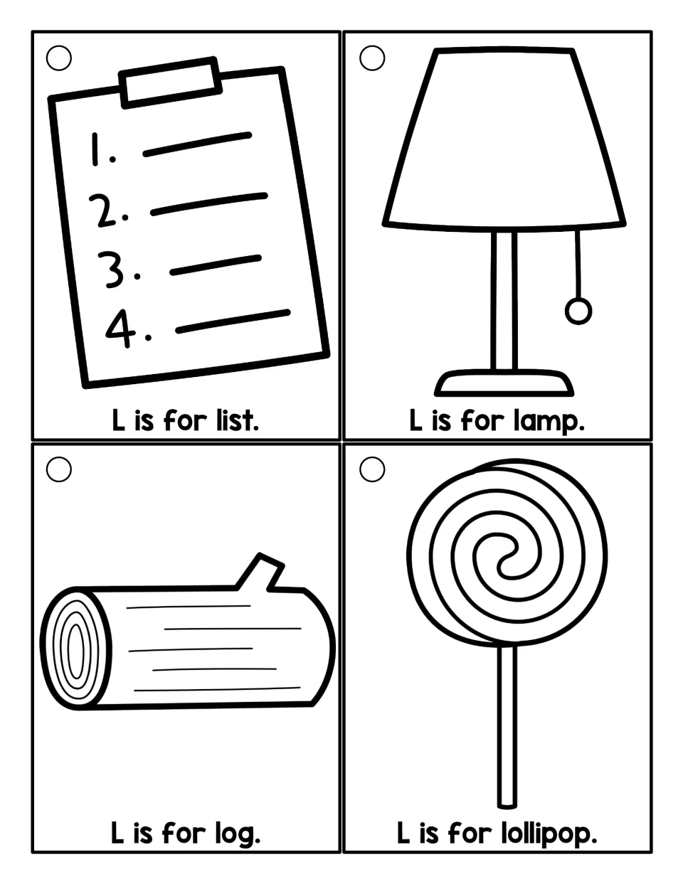 Black-and-white L cards for list, lamp, log and lollipop, pairing each line drawing with an 'L is for...' sentence