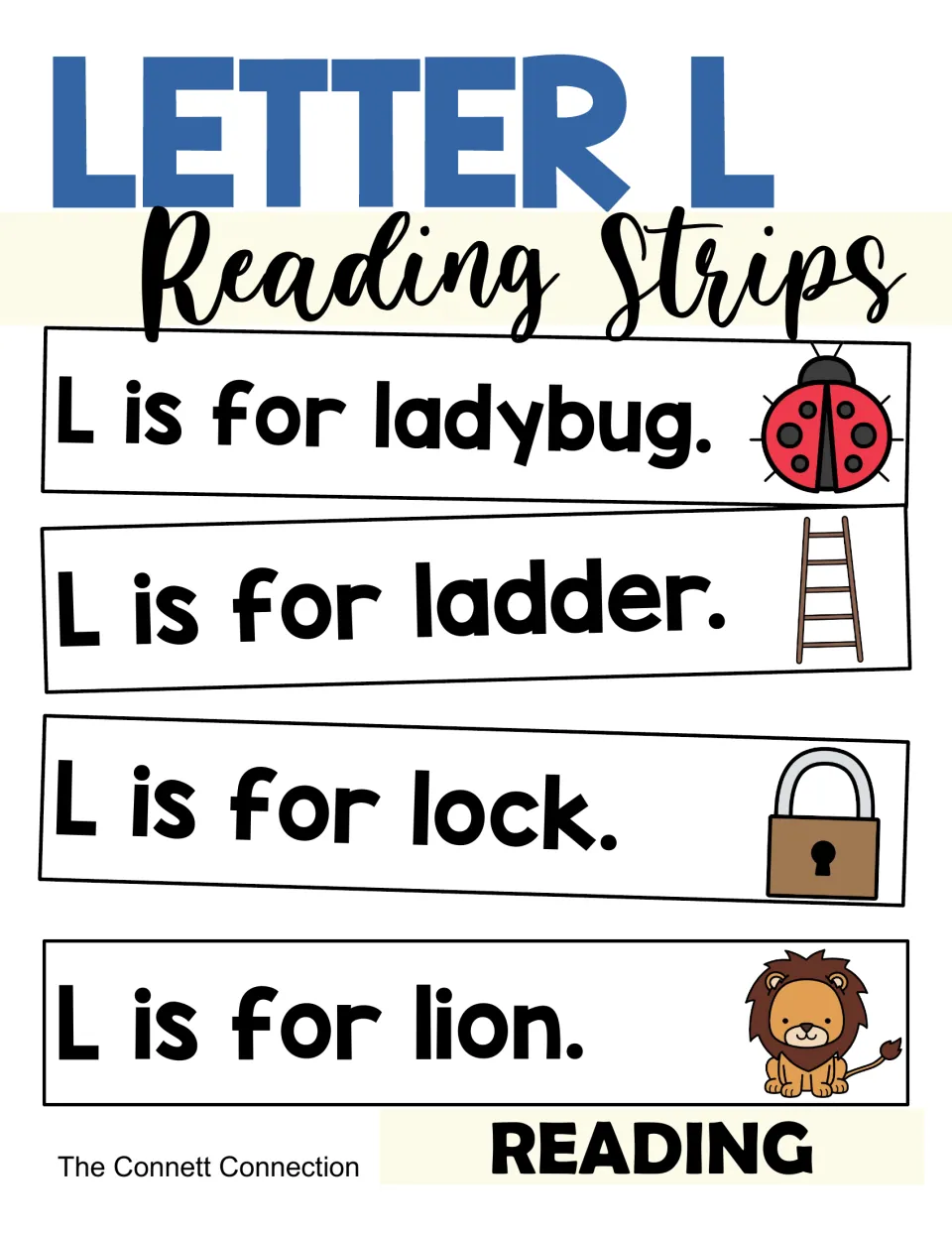 Letter L Reading Strips cover with sample strips: L is for ladybug, ladder, lock and lion, each beside a picture