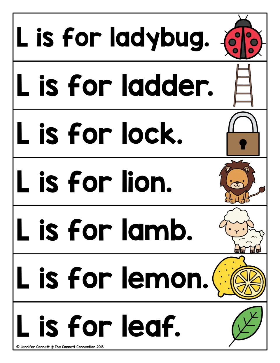 Letter L sentences: students read seven picture strips, L is for ladybug, ladder, lock, lion, lamb, lemon and leaf