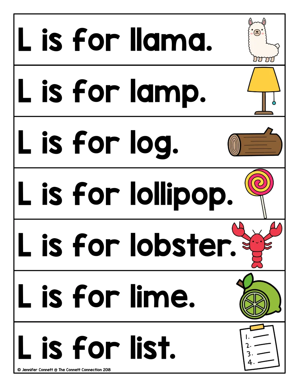 Initial L sound reading: L is for llama, lamp, log, lollipop, lobster, lime and list, each strip with a matching picture