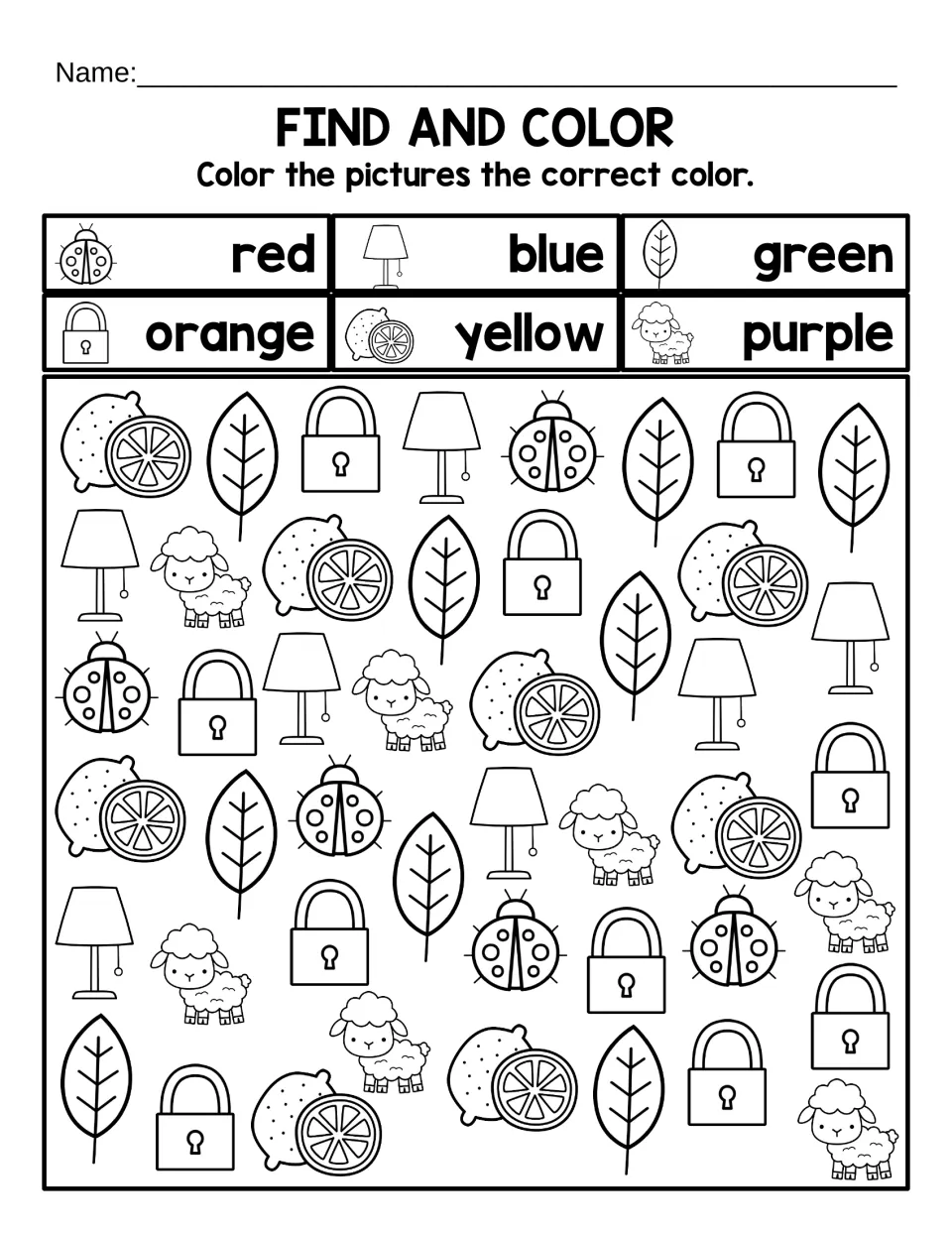 Find and Color: students find letter L pictures like ladybug, lamp, leaf, lock, lemon and lamb and color each by the key
