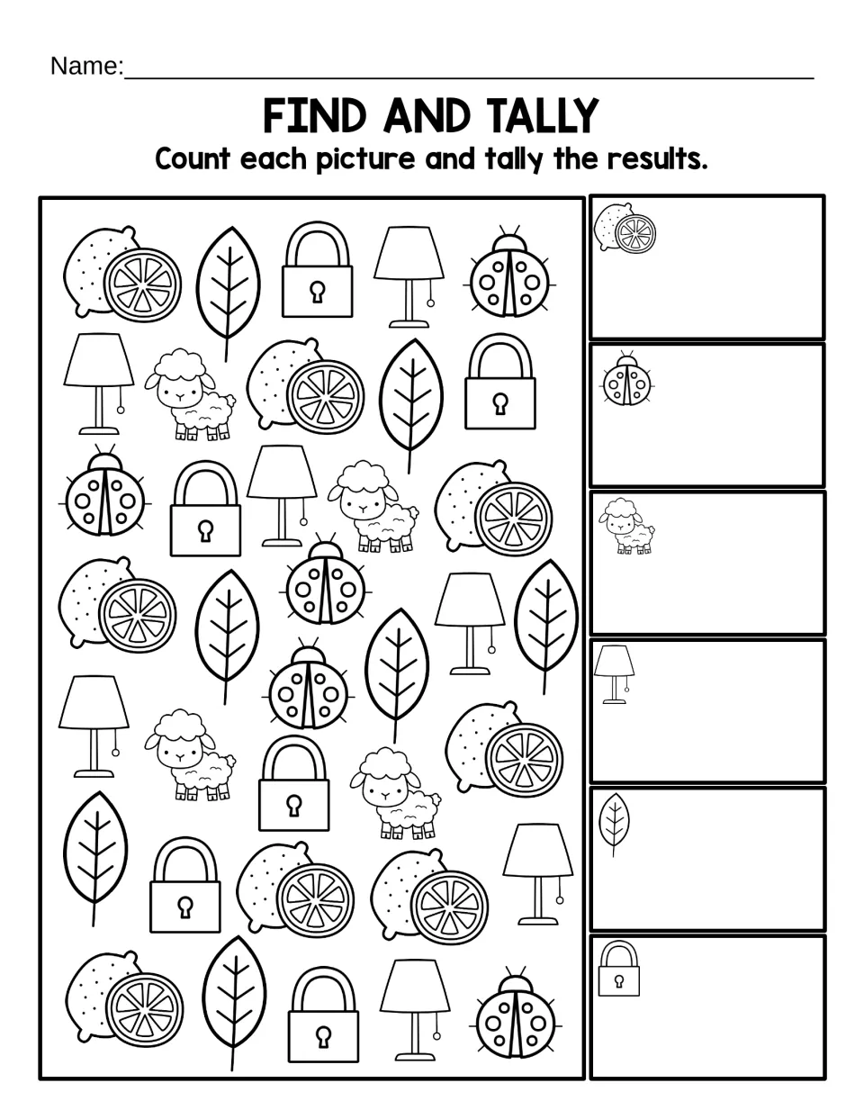 Find and Tally, black and white: students count lemons, ladybugs, lambs, lamps, leaves and locks and record tally marks
