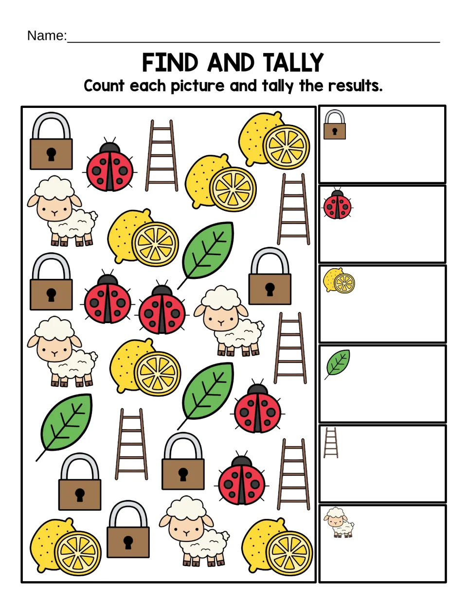 Find and Tally in color: students count locks, ladybugs, lemons, leaves, ladders and lambs, then tally each one