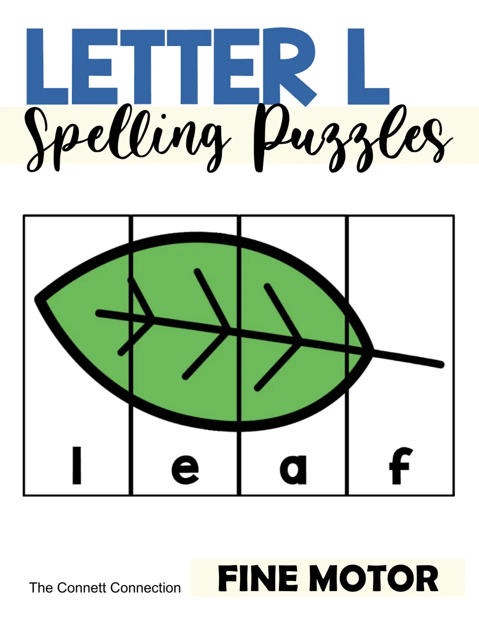 Letter L Spelling Puzzles cover: a leaf picture cut into four strips spelling l-e-a-f, marked as a fine motor activity