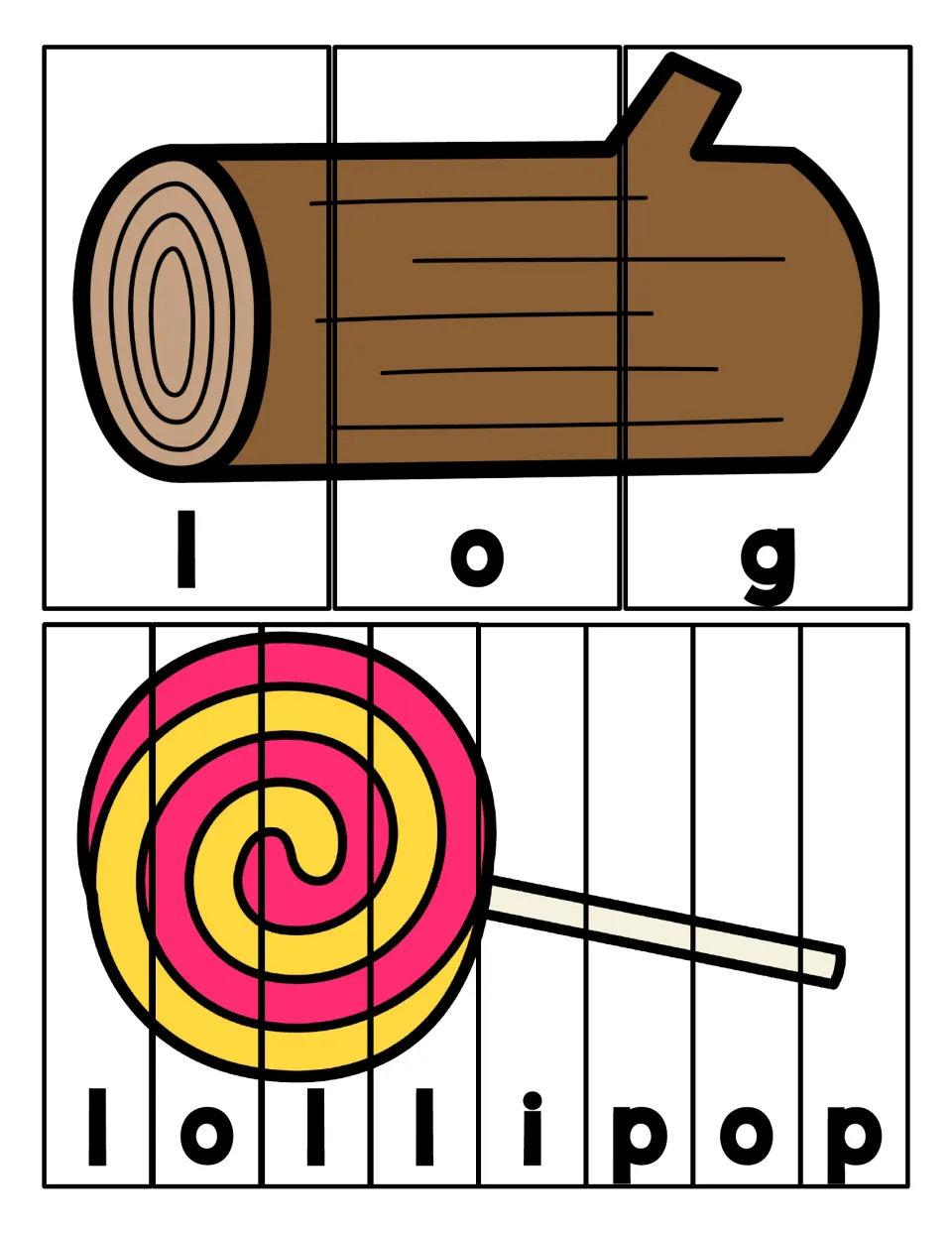 L word puzzles: students put picture strips in order to spell log in three pieces and lollipop in eight pieces