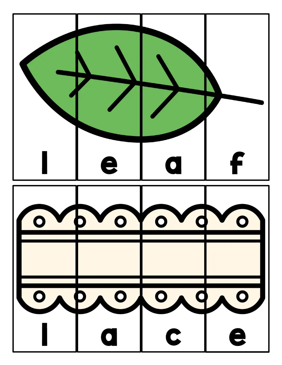 More L words: students match four picture strips to rebuild and spell leaf and lace, one letter on each strip