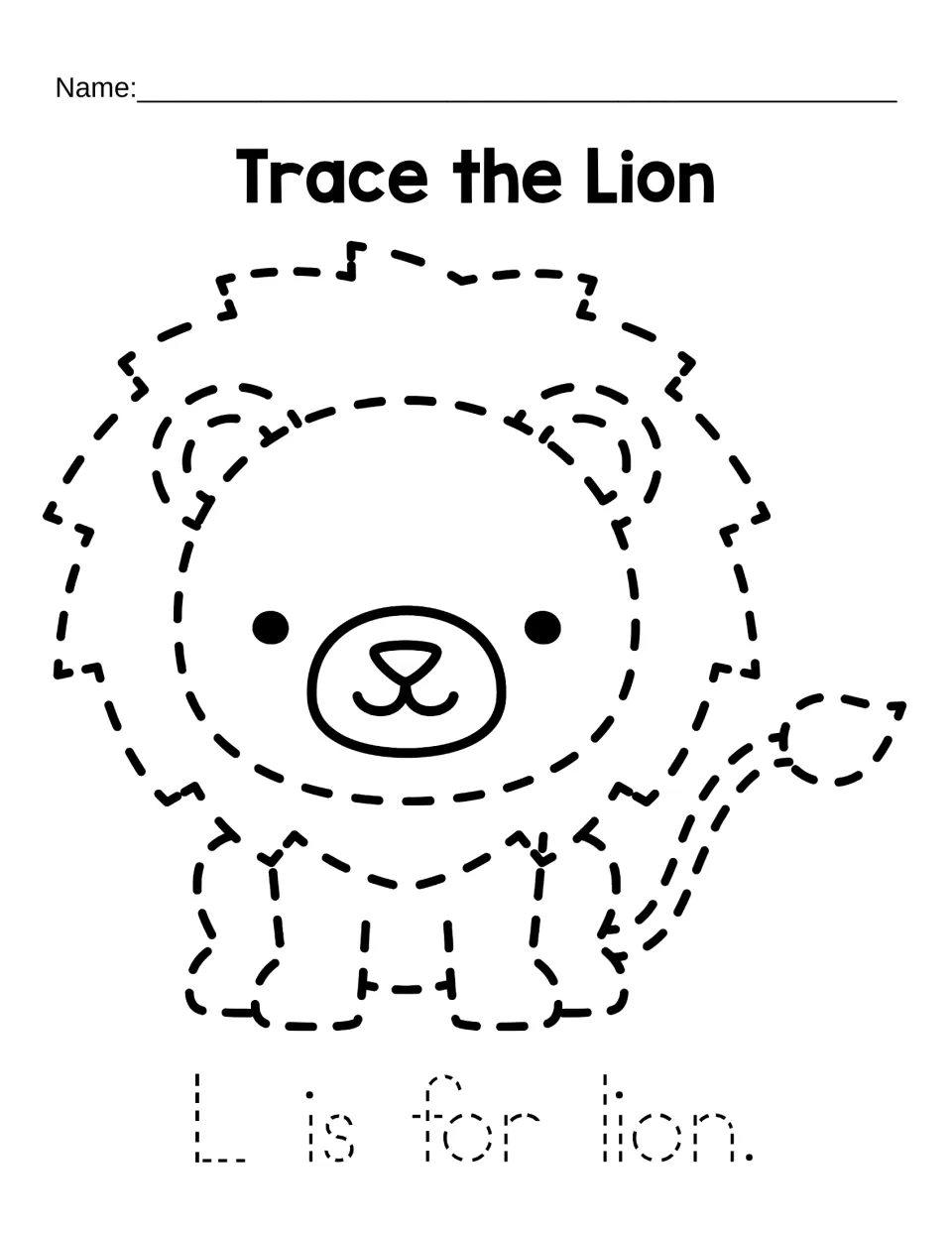 Letter L tracing worksheet 1: a dashed lion to trace and the traceable sentence “L is for lion.”