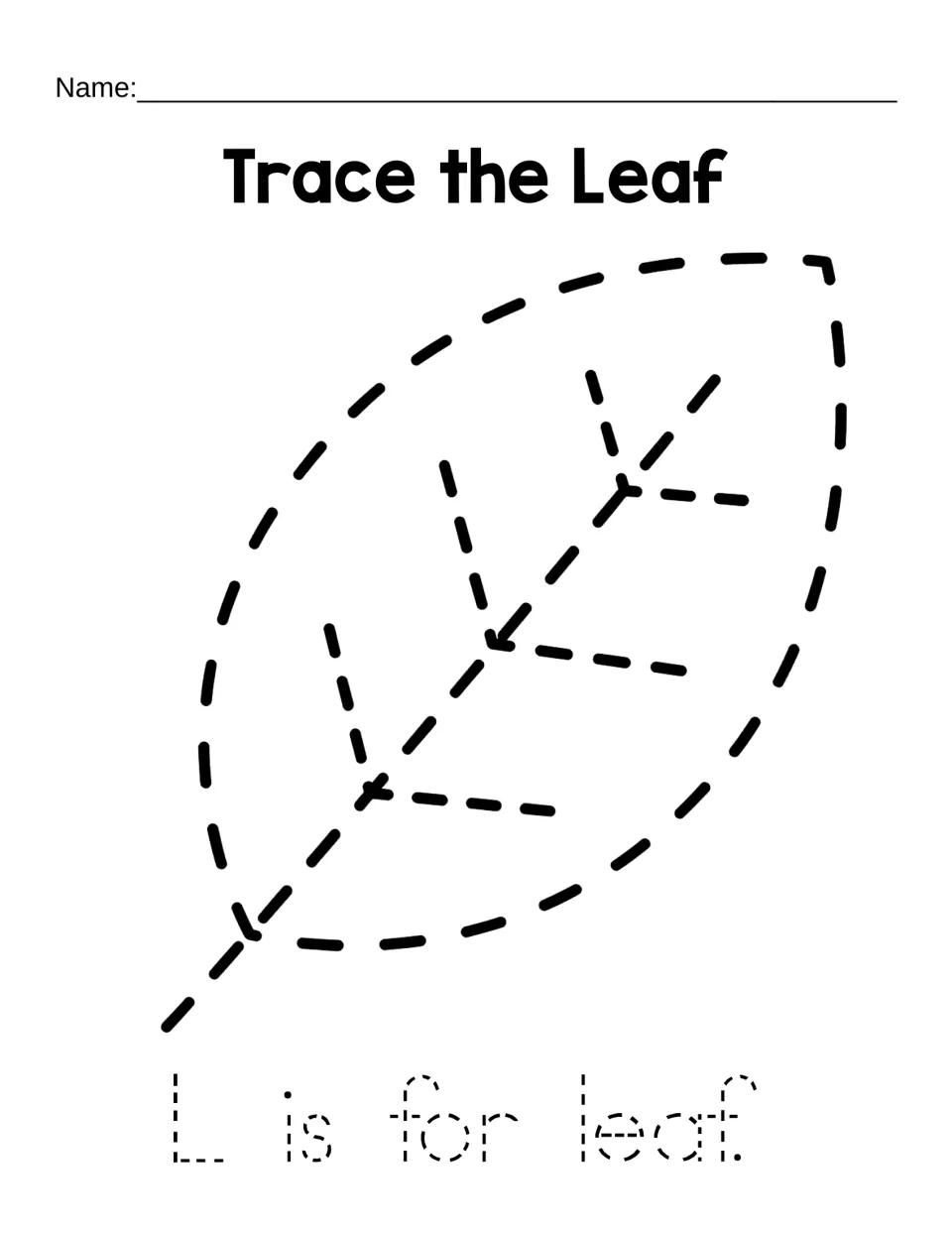 Letter L tracing worksheet 2: a dashed leaf to trace and the traceable sentence “L is for leaf.”