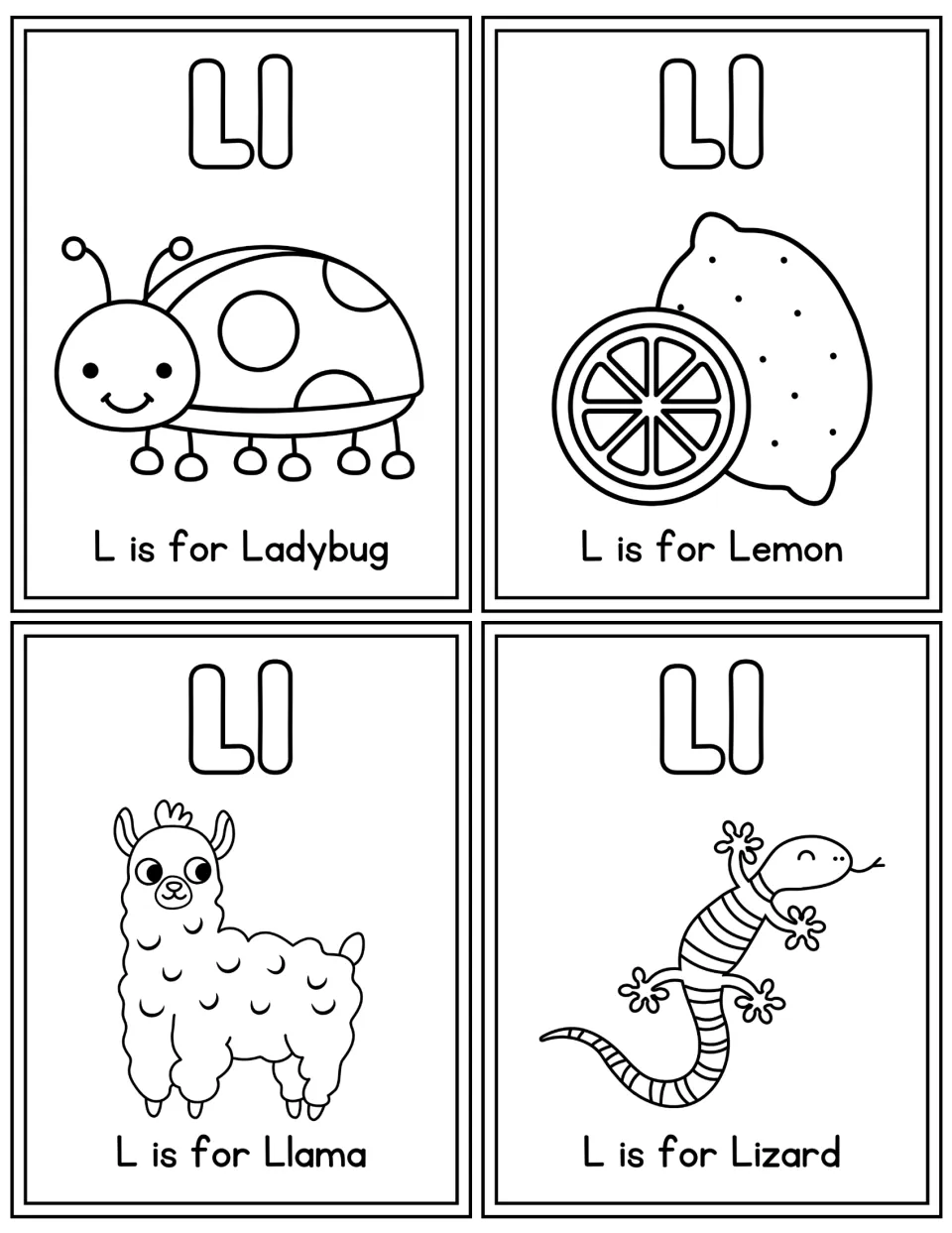 Letter L coloring flashcards: students color L is for Ladybug, Lemon, Llama and Lizard to link the letter to its sound