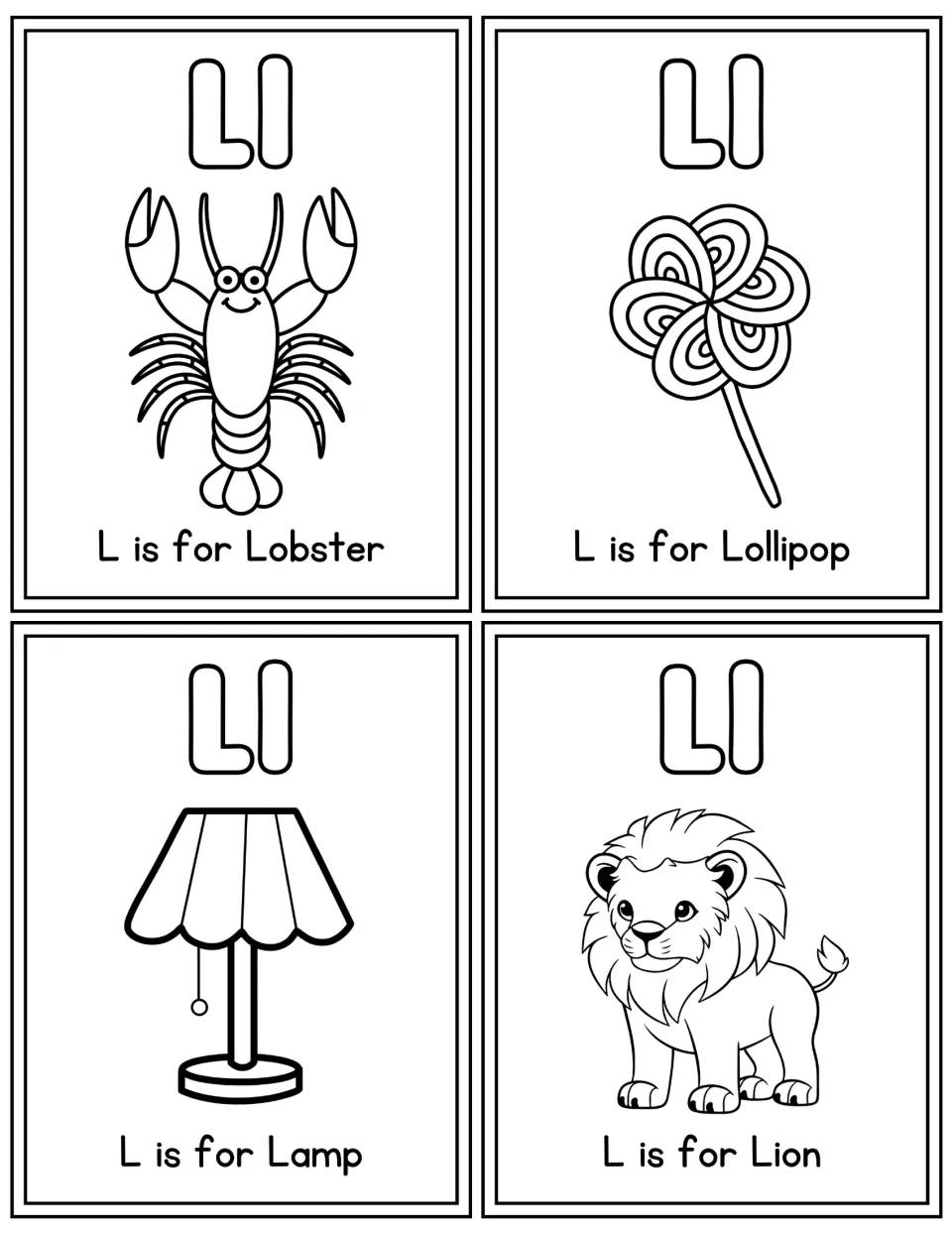 More letter L coloring flashcards showing L is for Lobster, Lollipop, Lamp and Lion with an outlined Ll on each card