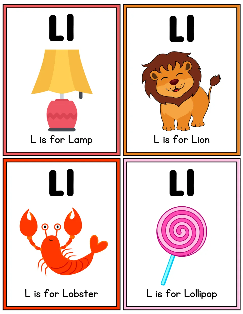 Colored letter L flashcards for initial sound practice: L is for Lamp, Lion, Lobster and Lollipop with a bold Ll on each