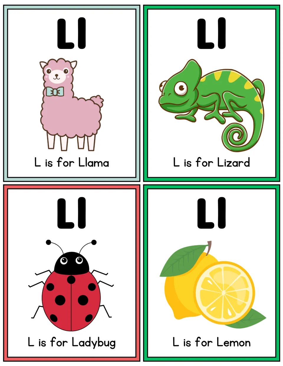 Full-color L flashcards naming Llama, Lizard, Ladybug and Lemon, each with a large Ll and an L is for sentence