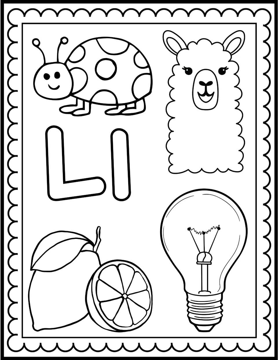 Letter L coloring page: students color a bubble Ll with a ladybug, llama, lemon and light bulb that begin with the L sound