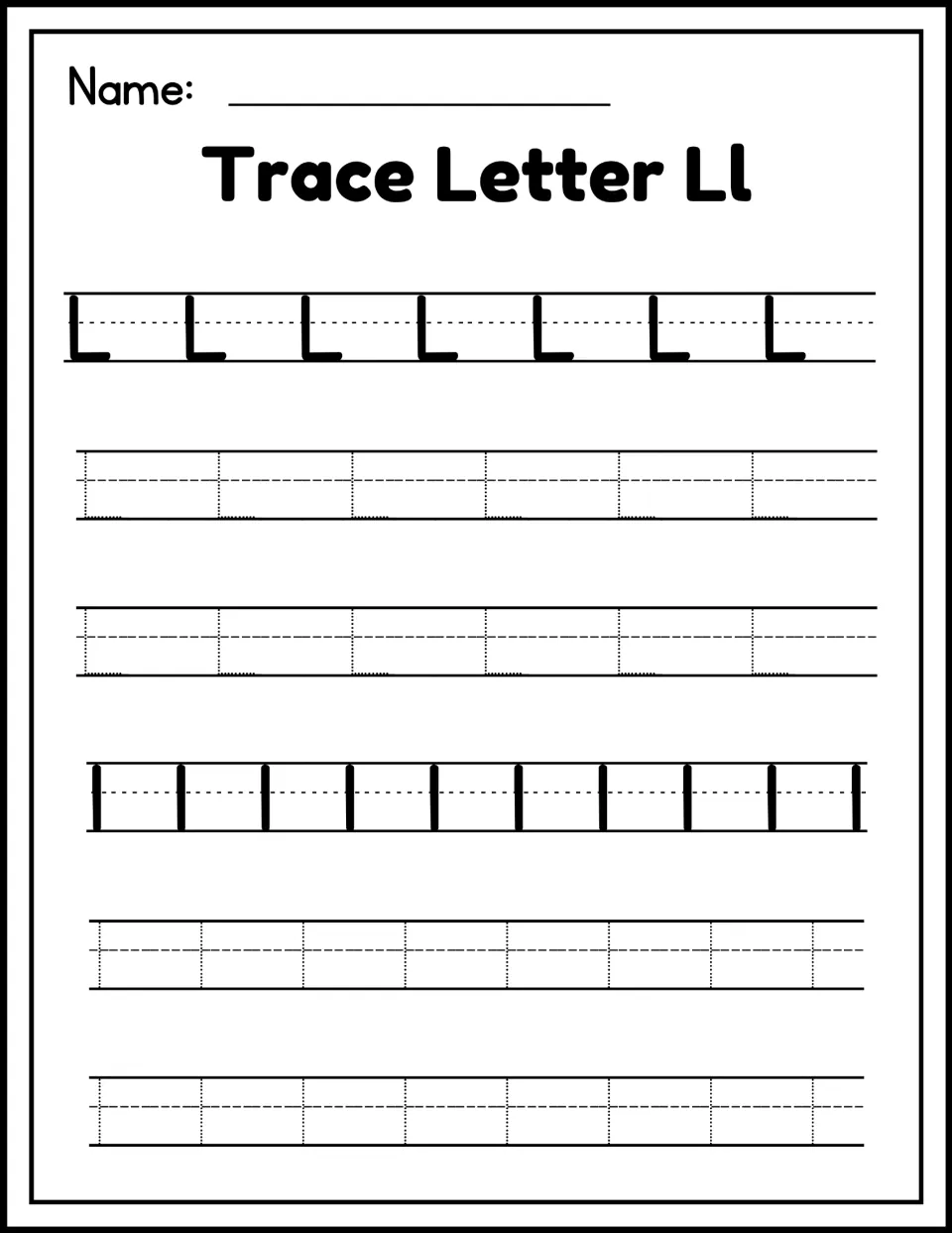 Trace Letter Ll: students trace dotted uppercase L and lowercase l on handwriting rows after models of each letter