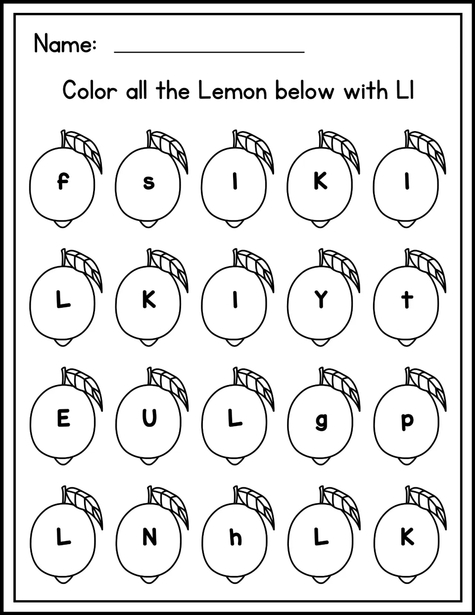 Letter recognition: students color every lemon showing L or l among 20 lemons marked with mixed letters like K, N and t