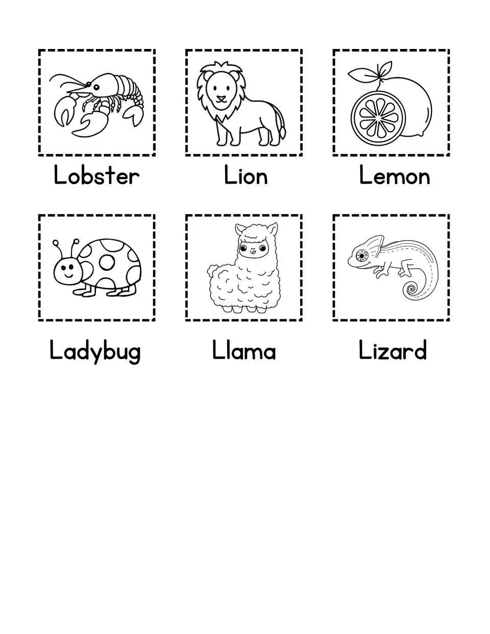 L word picture cards to cut out: lobster, lion, lemon, ladybug, llama and lizard drawings, each with its word label below