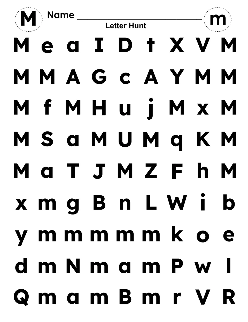 Letter M and m hunt: students find and color every uppercase M and lowercase m hidden in a grid of mixed letters