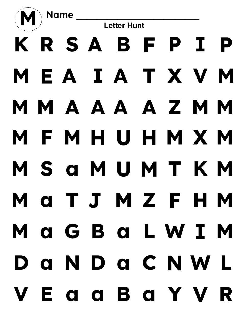 Uppercase M letter hunt: students search a grid of mostly capital letters and color each M to practise M recognition