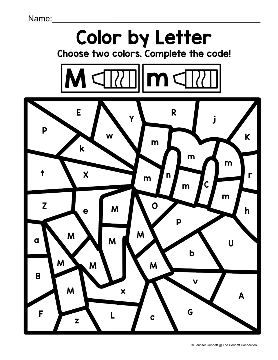 Letter M coloring worksheet: choose two colors to distinguish uppercase M and lowercase m in large letter shapes.