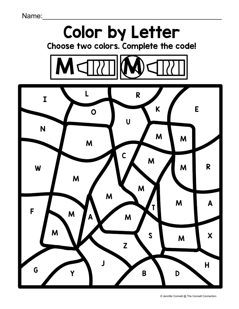 Uppercase M coloring worksheet: choose two colors for M and other letters to reveal a large capital M.