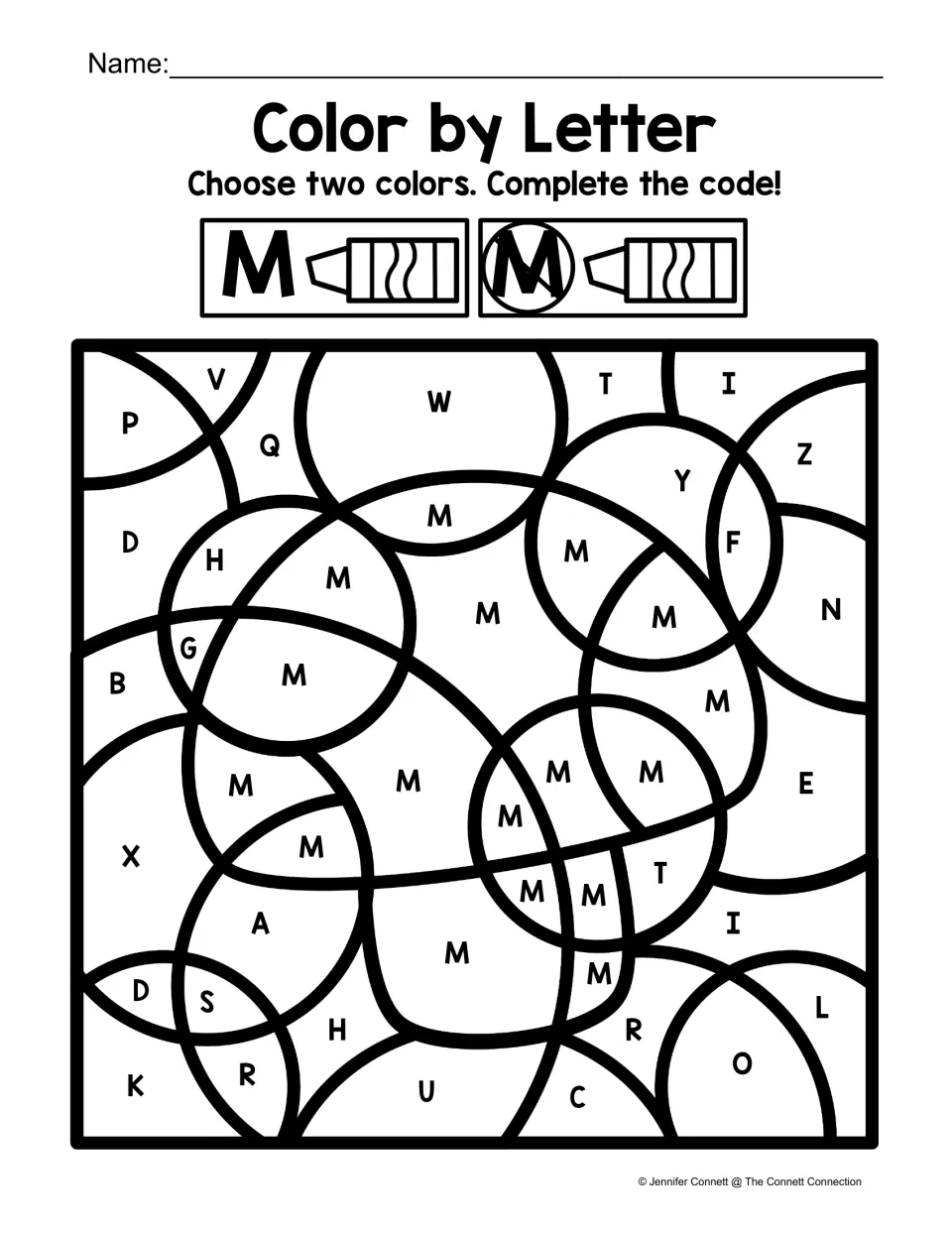 Uppercase M coloring worksheet: find M among other capital letters and use the two-color code to reveal a mitten.