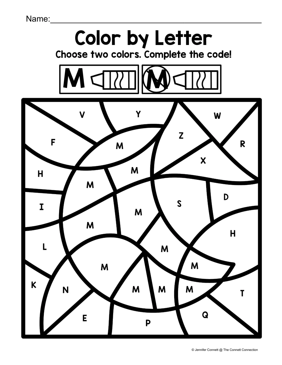 Uppercase M coloring worksheet: use two colors to separate M from other capital letters and reveal a crescent moon.