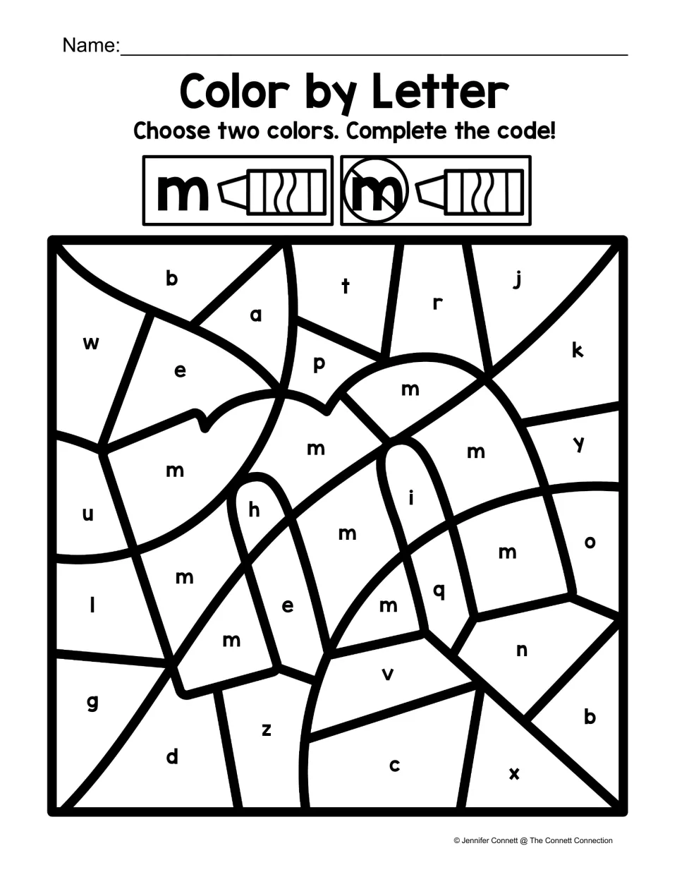 Lowercase m coloring worksheet: choose two colors for m and other lowercase letters to reveal a large m.