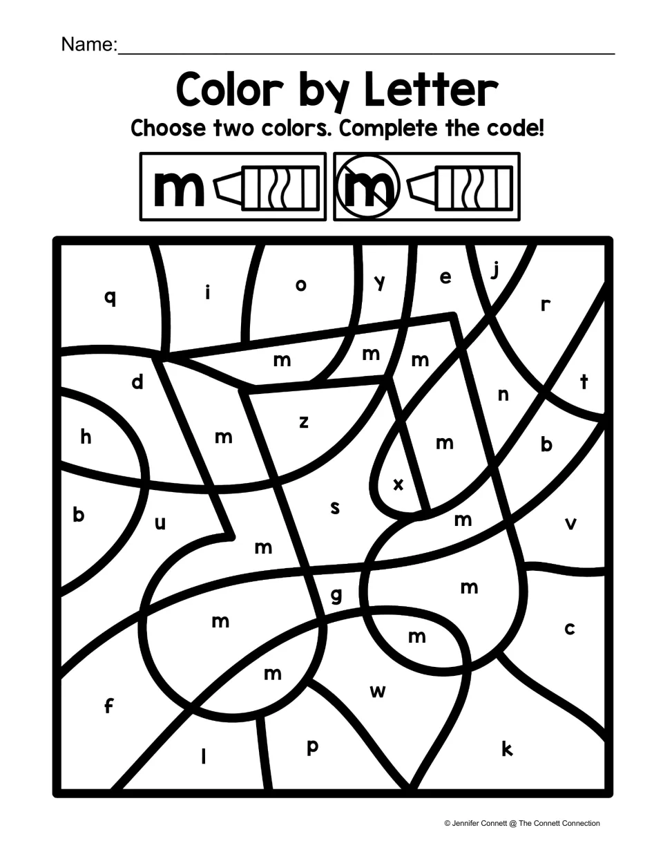 Lowercase m coloring worksheet: find m among other lowercase letters to reveal musical notes using two colors.