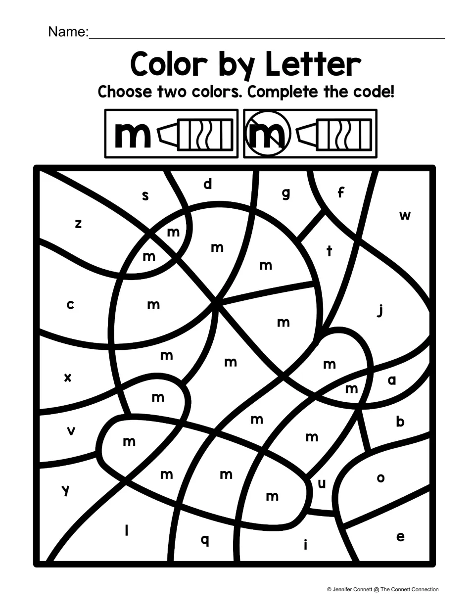 Lowercase m coloring worksheet: use the two-color code for m and other lowercase letters to reveal a mitten.