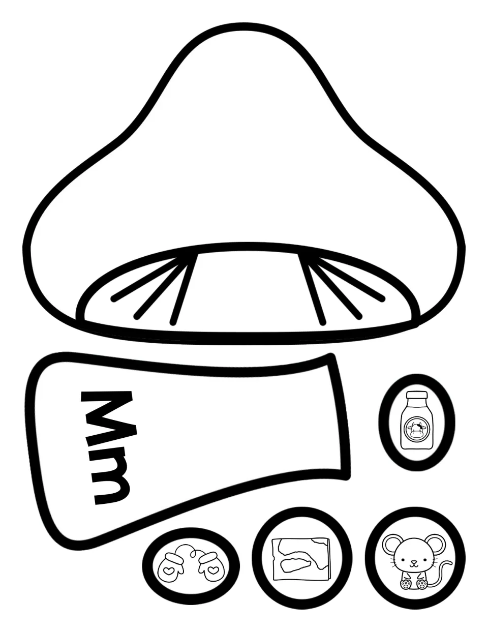Letter M mushroom craft pieces: students cut out a mushroom cap, an Mm stem, and milk, map, mittens and mouse circles
