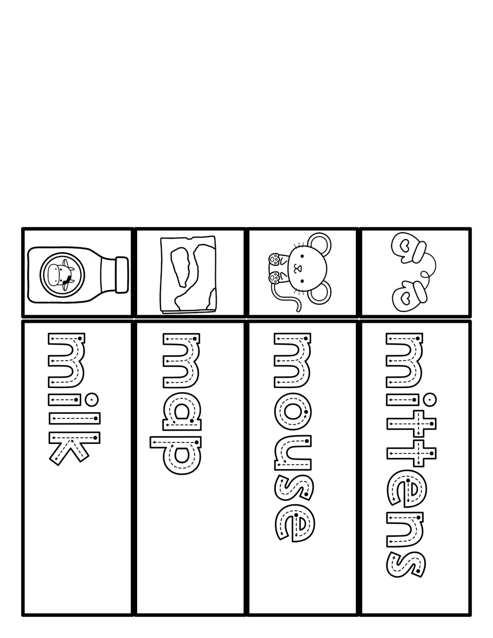 Beginning sound M words: students trace milk, map, mouse and mittens under matching pictures; cut-out craft strips
