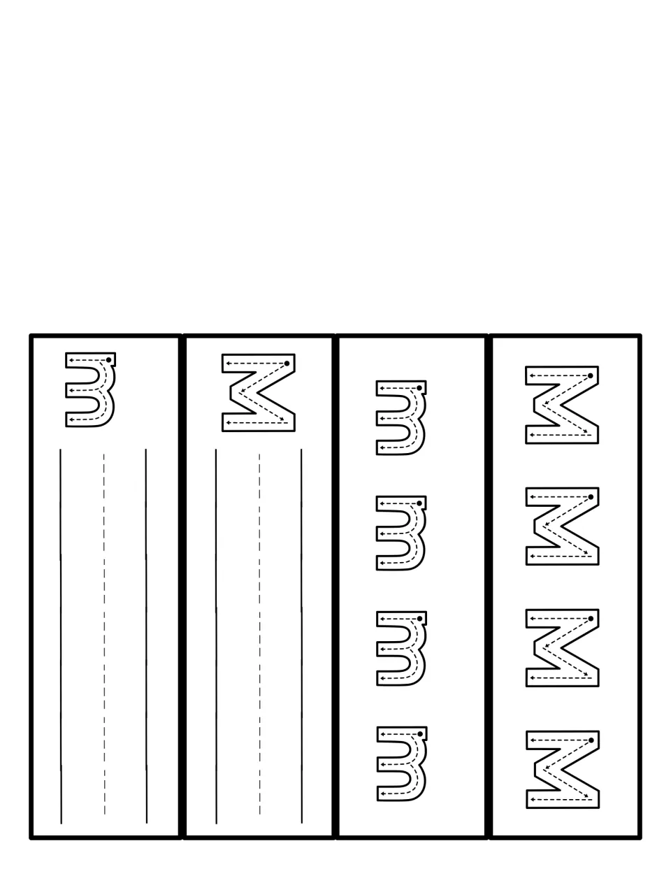Letter M formation strips: students trace M and m following arrows, then write each letter on lines; cut-out pieces