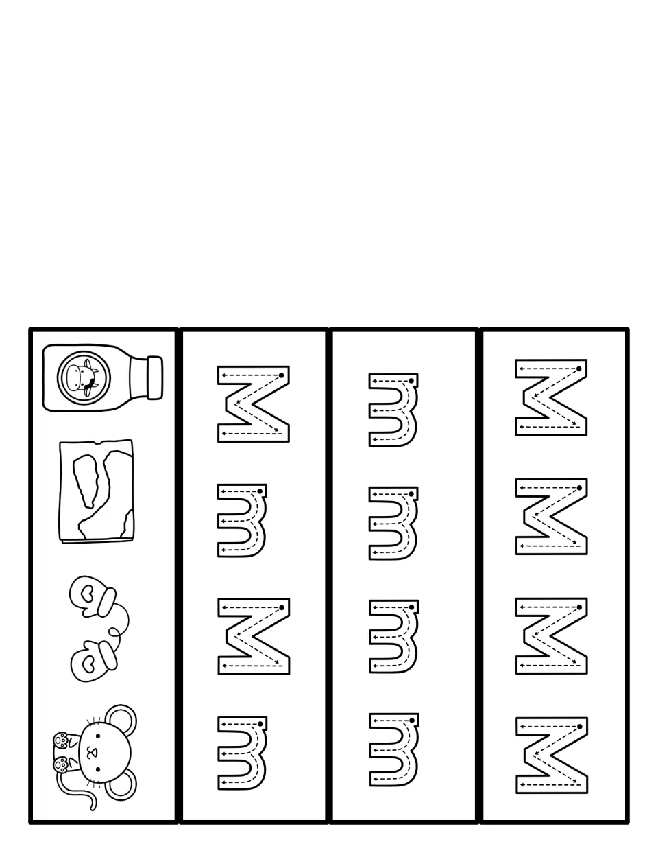 Uppercase and lowercase M tracing: students trace rows of M, m and alternating Mm beside a picture strip; cut-out pieces