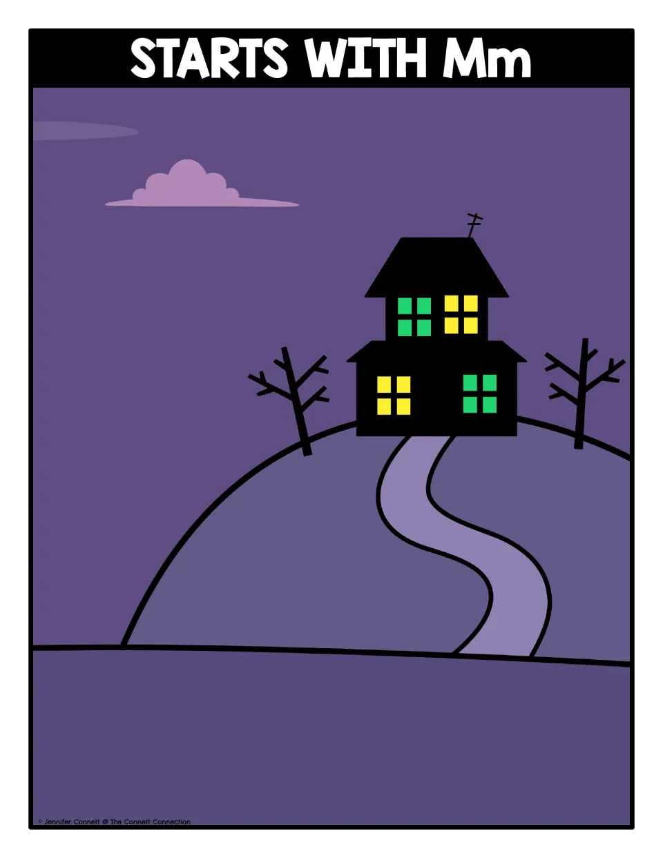 Letter M sort mat headed Starts With Mm: students place picture cards beginning with /m/ on a haunted house hill scene