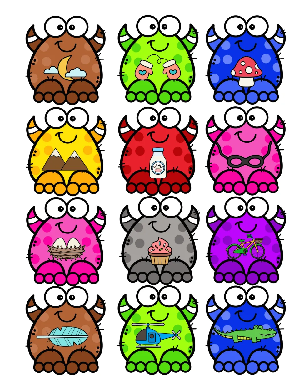 12 monster picture cards to cut out: moon, mittens, mushroom, milk and mask mixed with nest, cupcake, bike and feather