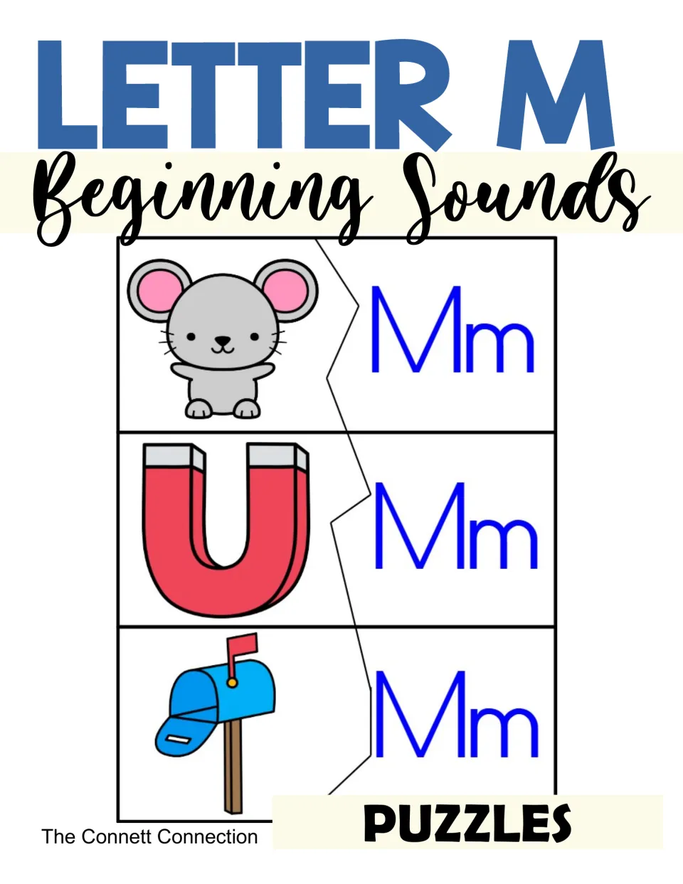Letter M beginning sounds puzzles cover: mouse, magnet and mailbox picture halves that join to Mm letter halves