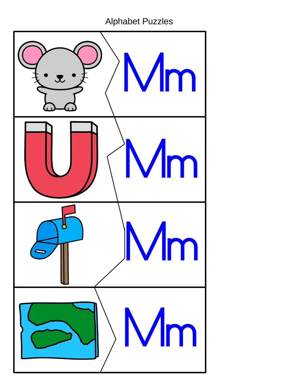 Alphabet puzzles for M: students cut apart and match mouse, magnet, mailbox and map pictures to their Mm letter pieces
