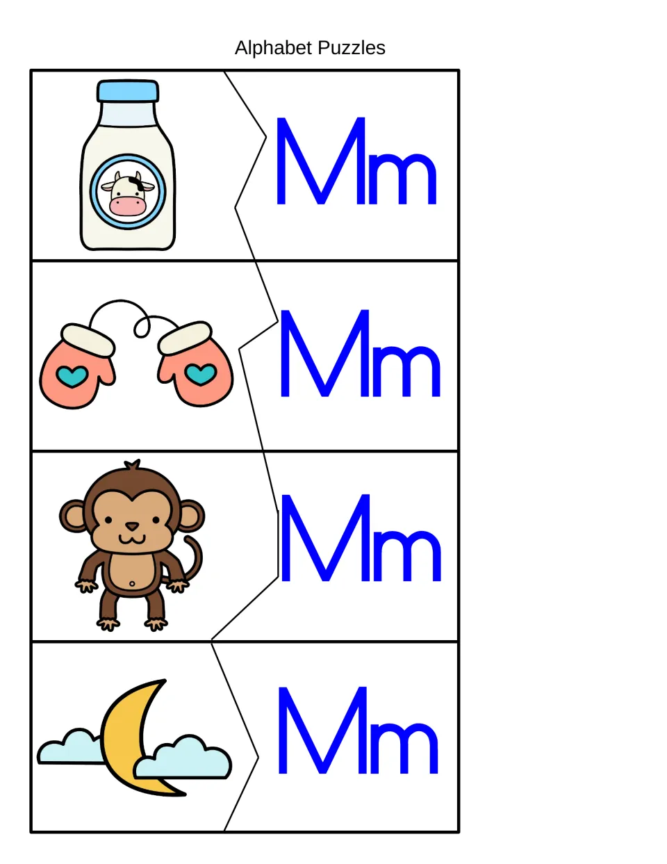 M beginning sound puzzles: students join milk, mittens, monkey and moon pictures to matching Mm letter pieces