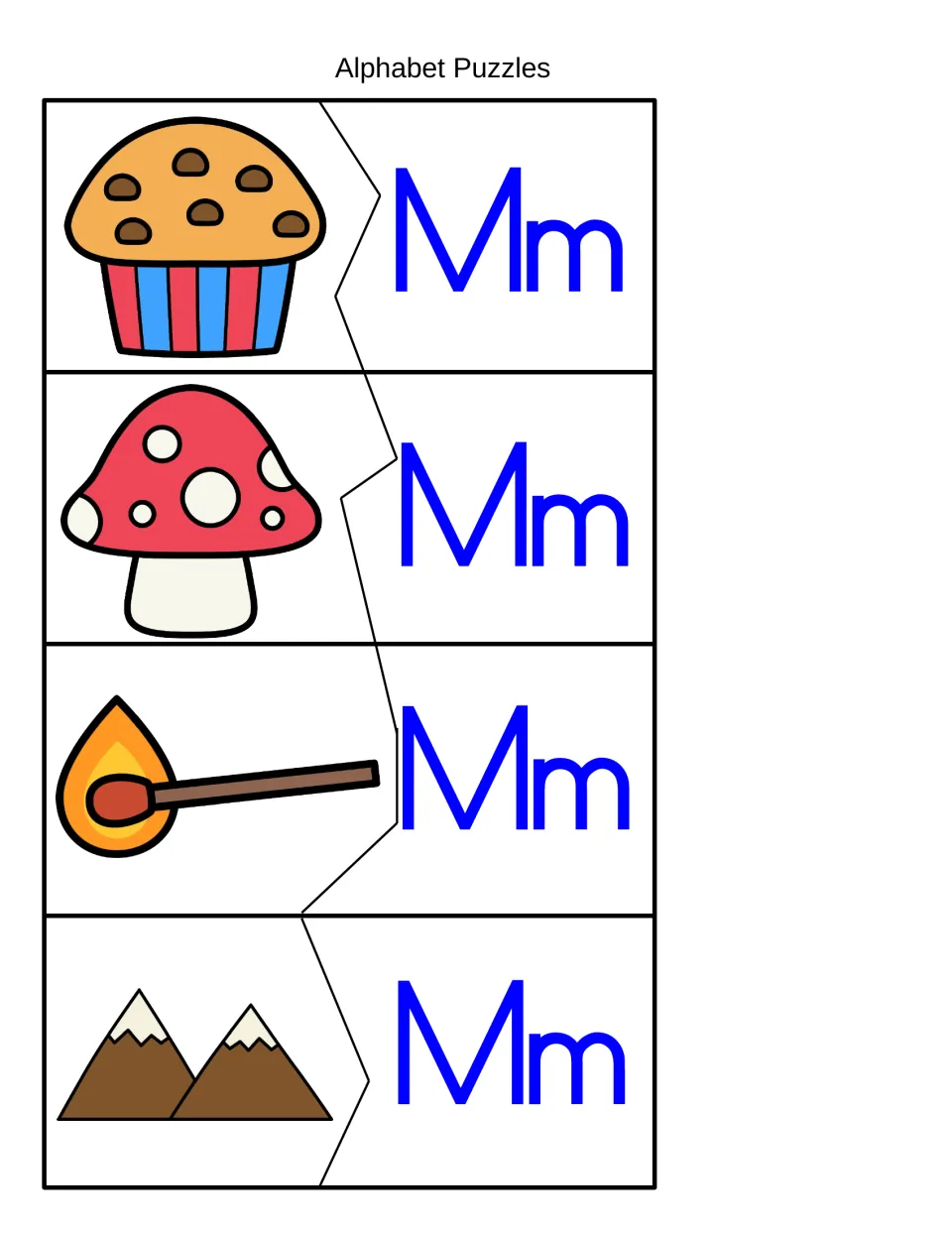 Initial /m/ sound puzzles: students pair muffin, mushroom, match and mountains pictures with Mm letter pieces