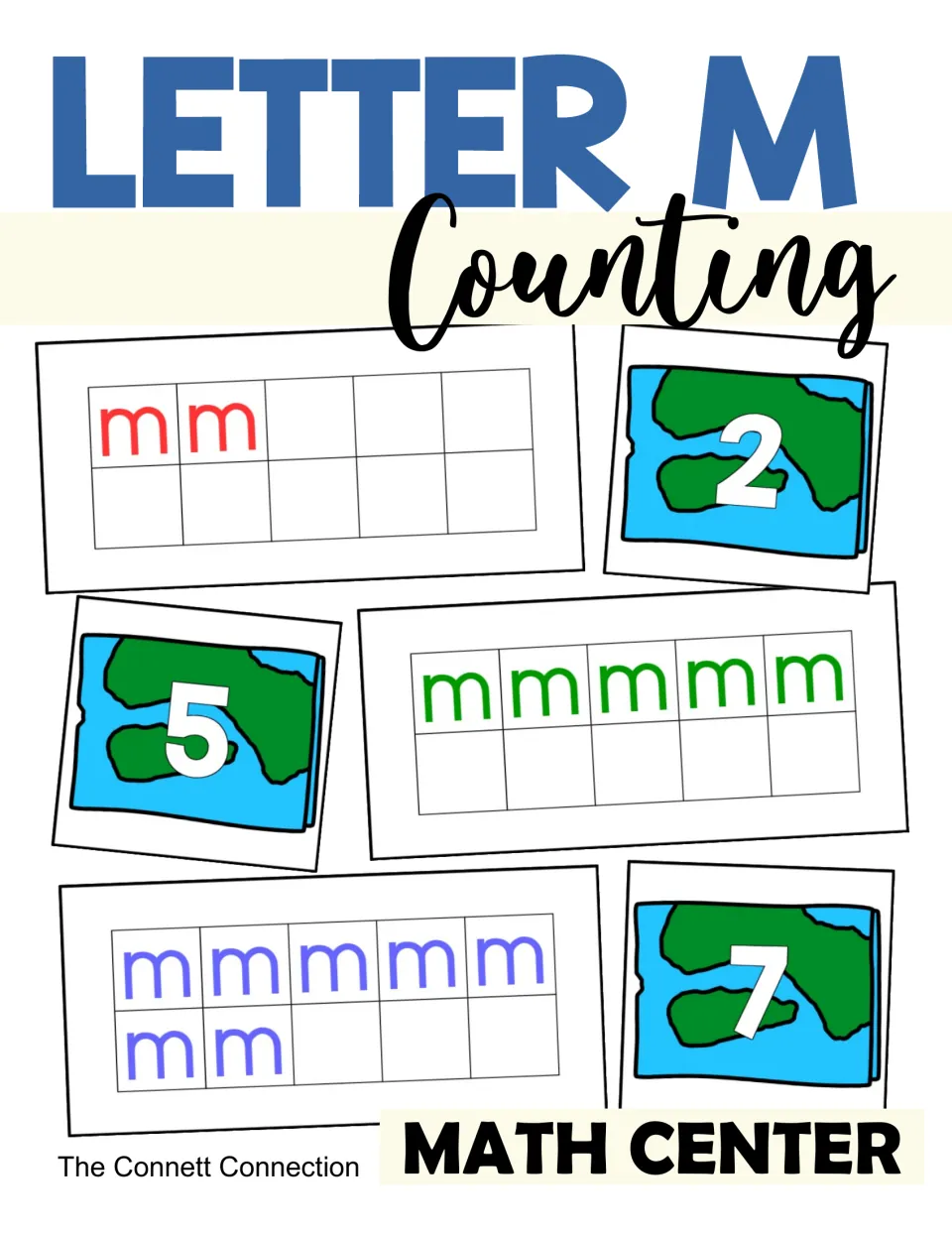 Letter M Counting to 10 Center cover showing lowercase m ten-frame cards paired with numerals 2, 5, and 7