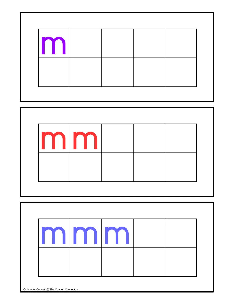 Counting center ten-frame cards for quantities 1, 2, and 3, using lowercase m letters to match numeral cards