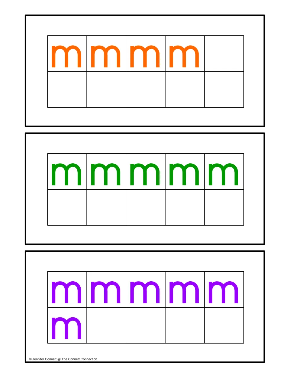 Counting center ten-frame cards for quantities 4, 5, and 6, using lowercase m letters to match numeral cards